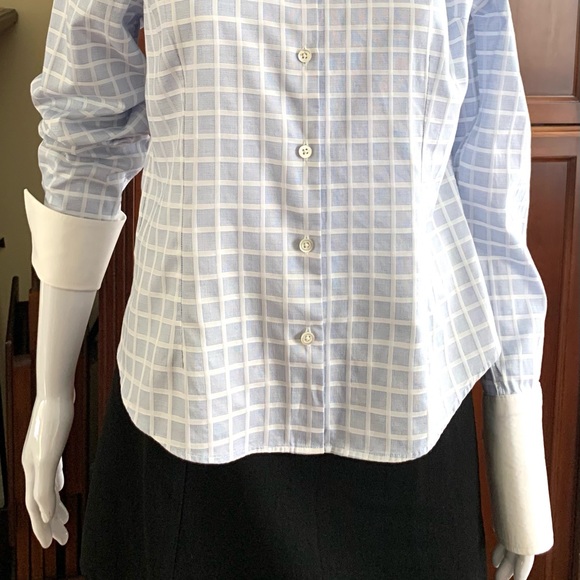 Blue & white check pattern button up cotton dress shirt white collar French cuff - Picture 9 of 16